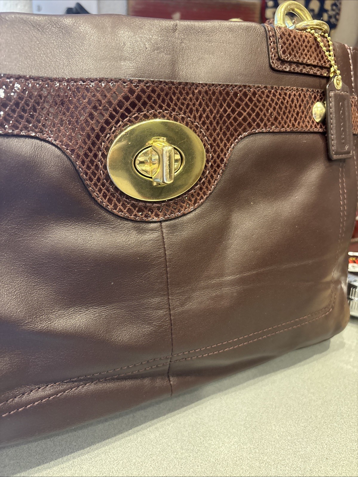 Coach Penelope Leather Carryall Snakeskin Accent Turn lock Bag F16531