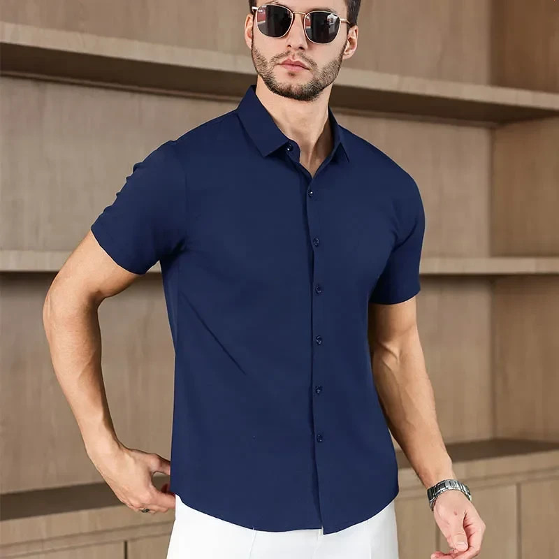 Men’s Business Casual Short Sleeve Shirt Summer Solid Color Top