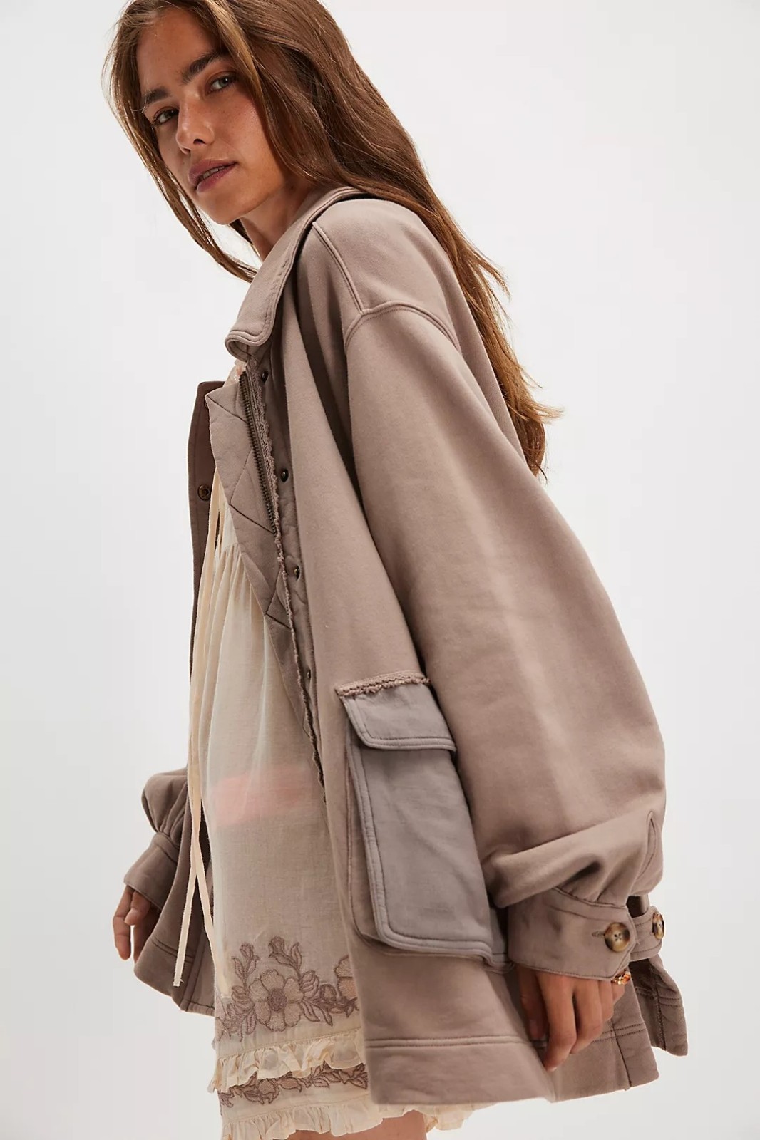 Free People Small Alexa Sweatshirt Zipper Snap Button Closure Dusted Cocoa NEW