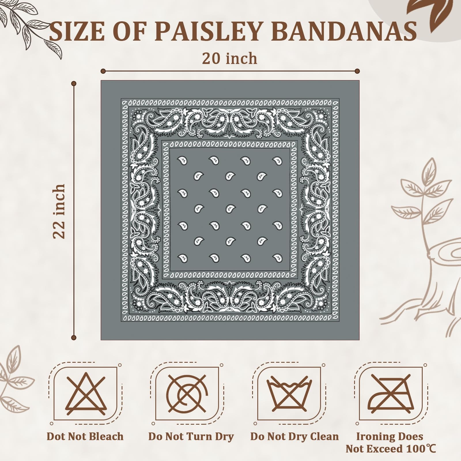 PJPSAA 12 Pack Bandanas Unisex Paisley Cowboy Bulk Multi 21.6, Gray