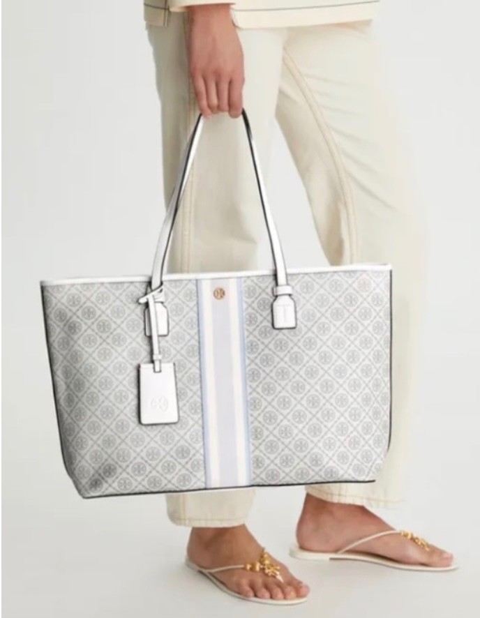 Tory Burch T Monogram Coated Canvas Zip Tote Ivory Laptop Work Bag NWOT