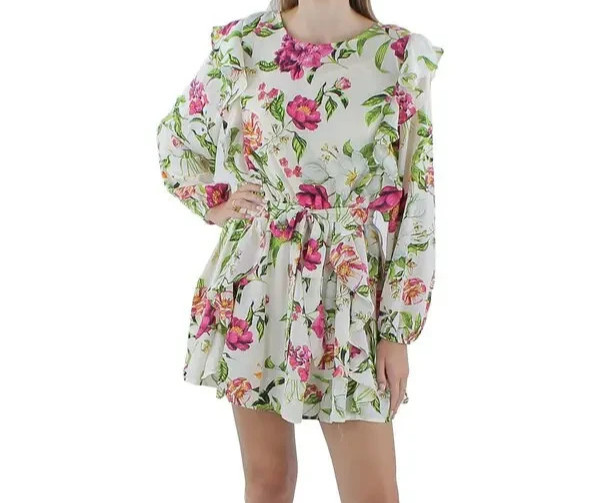 Tinsel Ivory Multicolor Floral Print Long Sleeve Belted Dress Womens PLX