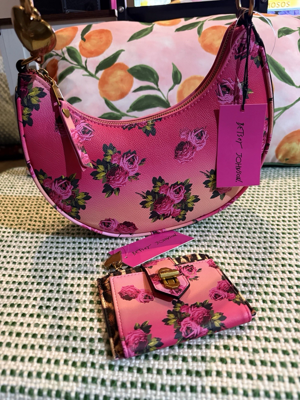 Betsey Johnson Pink Floral Crescent Shoulder Bag Zip Coin Purse