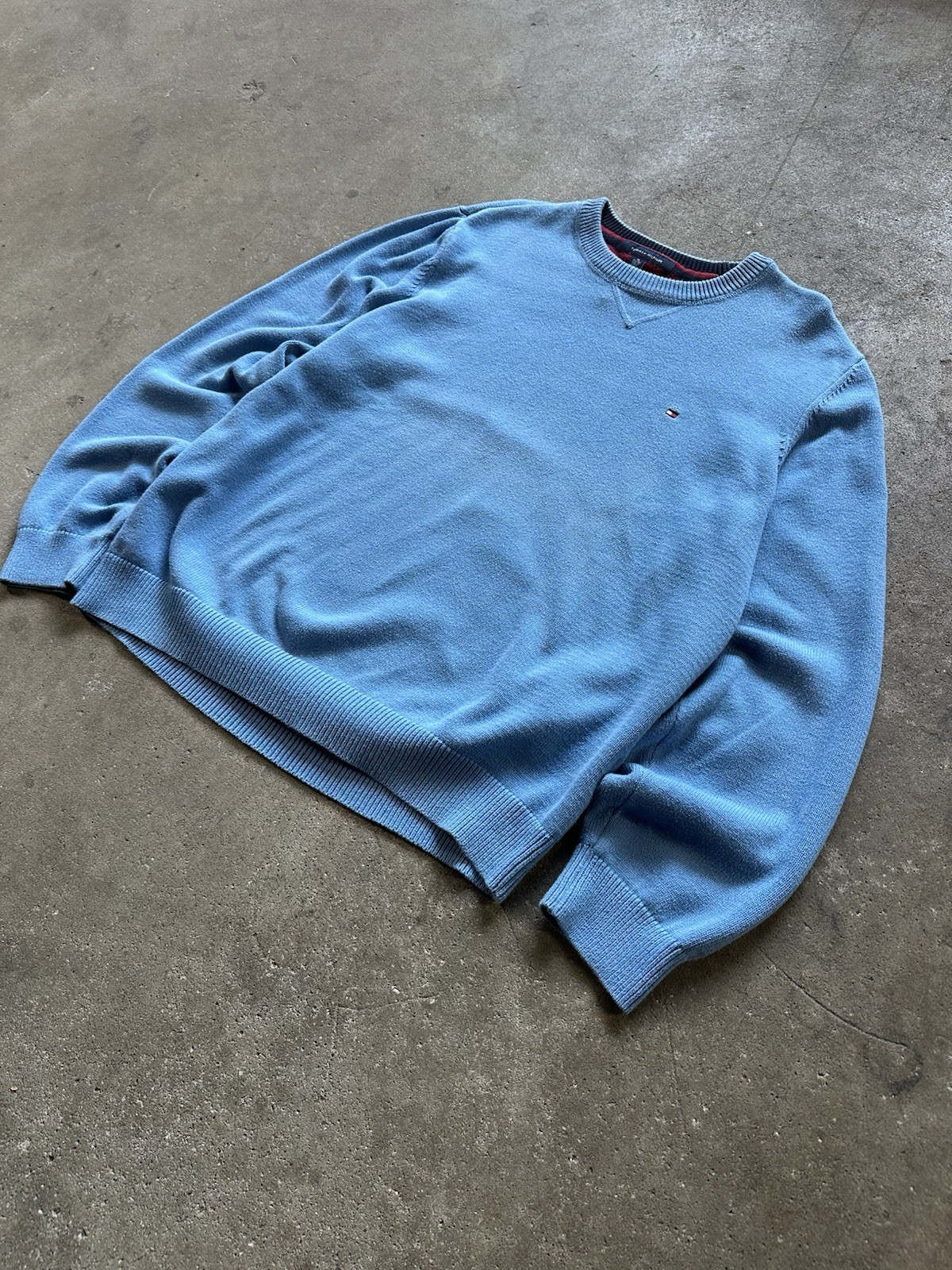 Vintage 90s Tommy Hilfiger Embroidered Logo Knit Sweater Sweatshirt Blue Sz XL