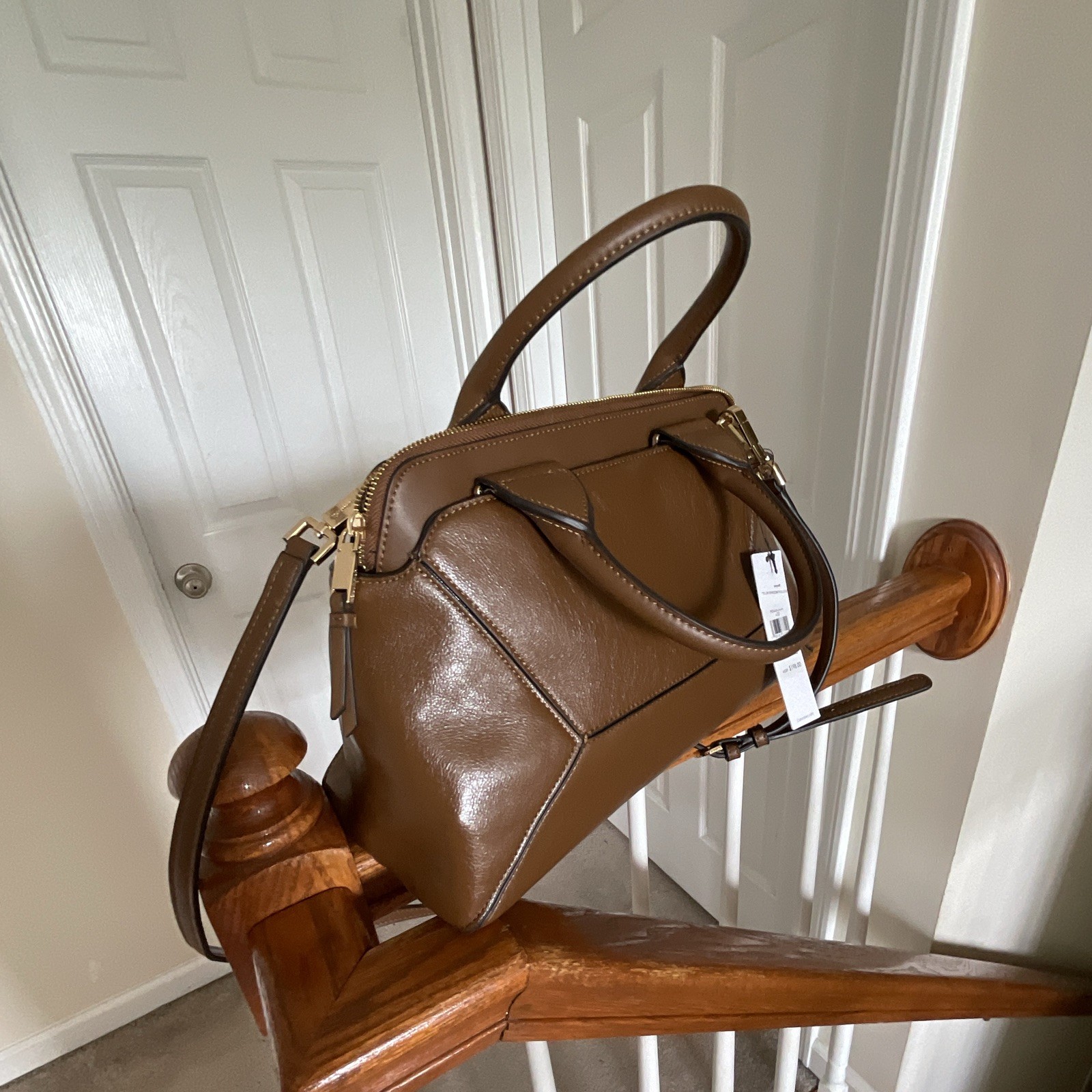 Calvin Klein Brown Large Crossbody, Zip Top, Top Handle, Detachable Strap, Gold
