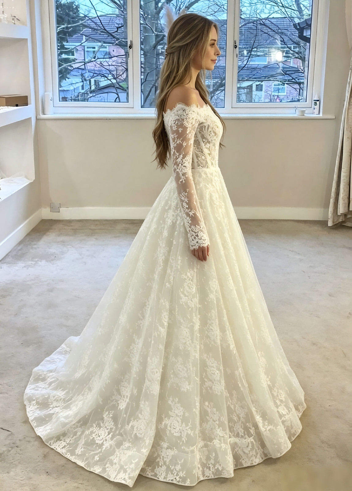 Long Sleeve A Line Wedding Dresses Sheer Floral Bodice Bridal Gown Chapel Train