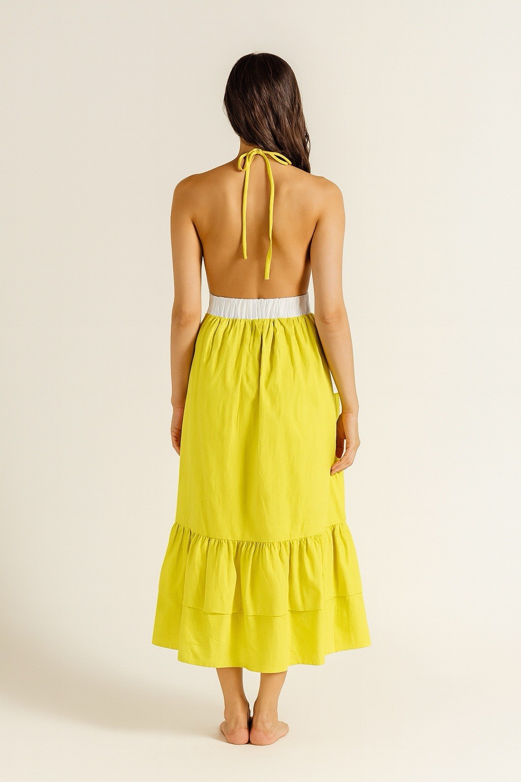 Fanm Mon Large Linen Yamile Floral Embroidered Halter Midi Dress Mustard Lime