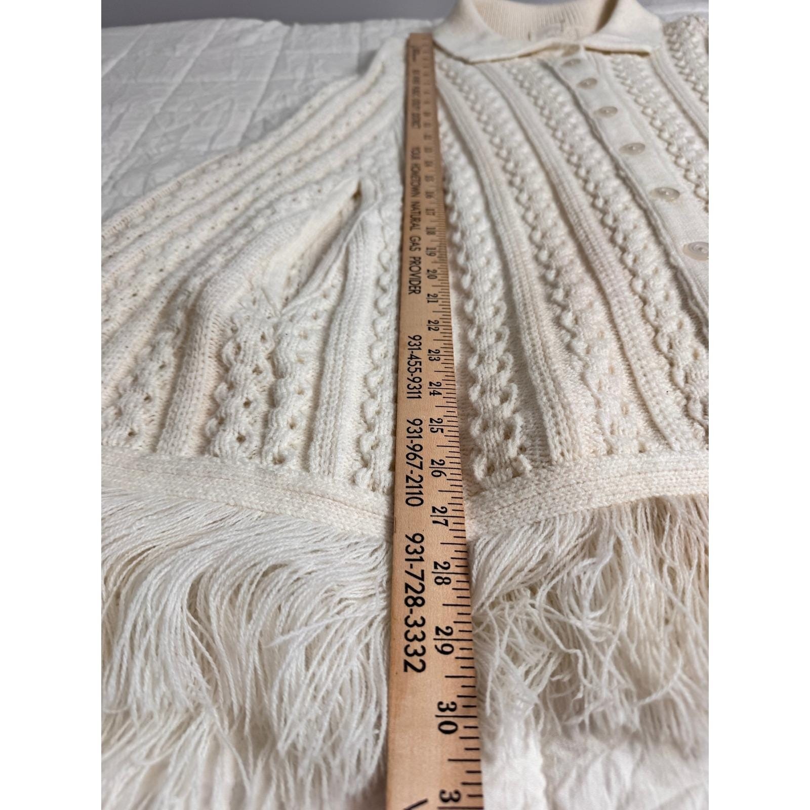 Cottagecore Cream Cable Knit Button Boho Front Poncho Cape Fringe Collared 70s
