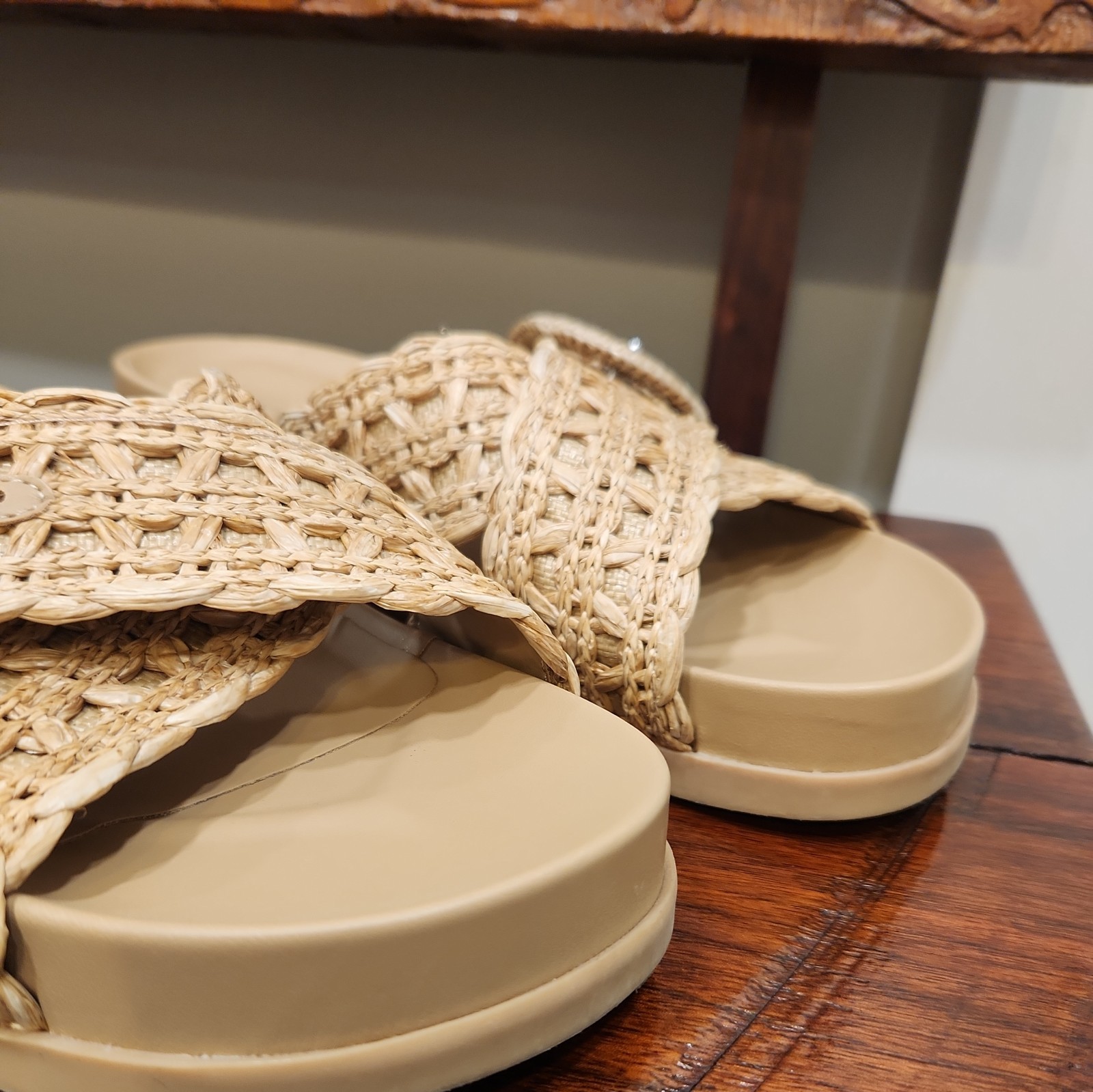 Marc Fisher Welti Sandals Slip On Slide Platform Wedge Tan Straw Buckle 8.5