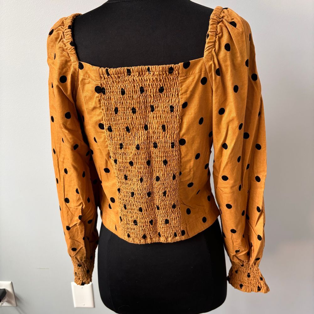 Madewell Corduroy Polka Dot Puff Sleeve Button-Up Top in Caramel Size 6