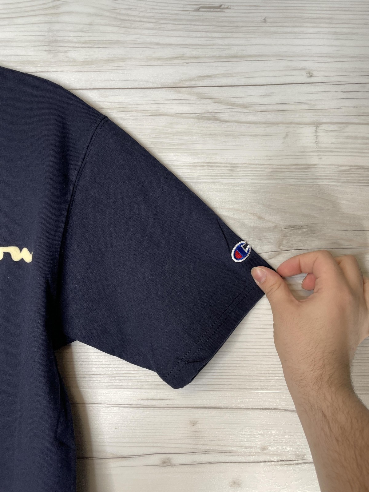 Champion Shirt Mens Small Navy Script Logo Crewneck Short Sleeve Cotton GT19