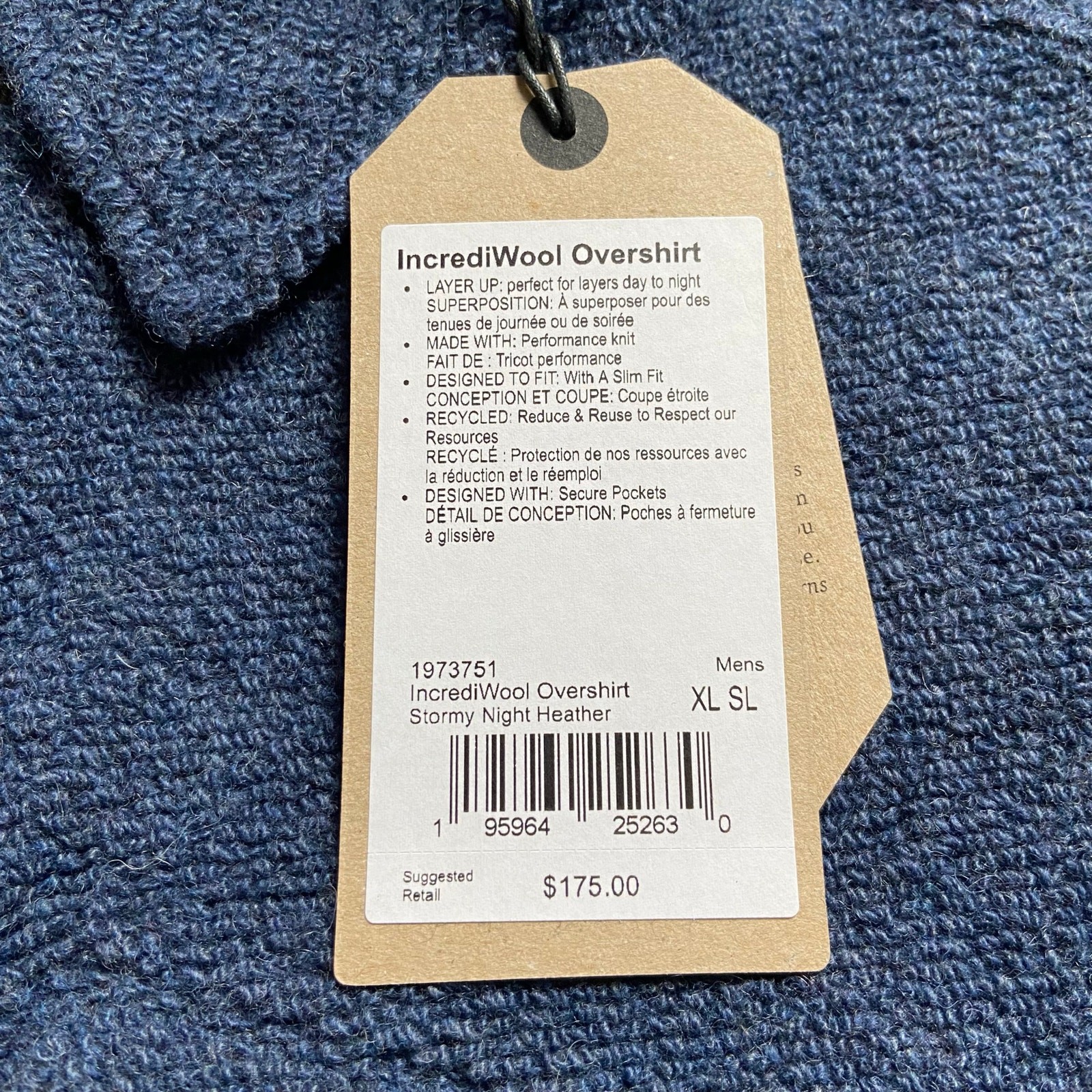 Prana IncrediWool Overshirt Men’s XL Stormy Night Heather Slim Fit Shacket