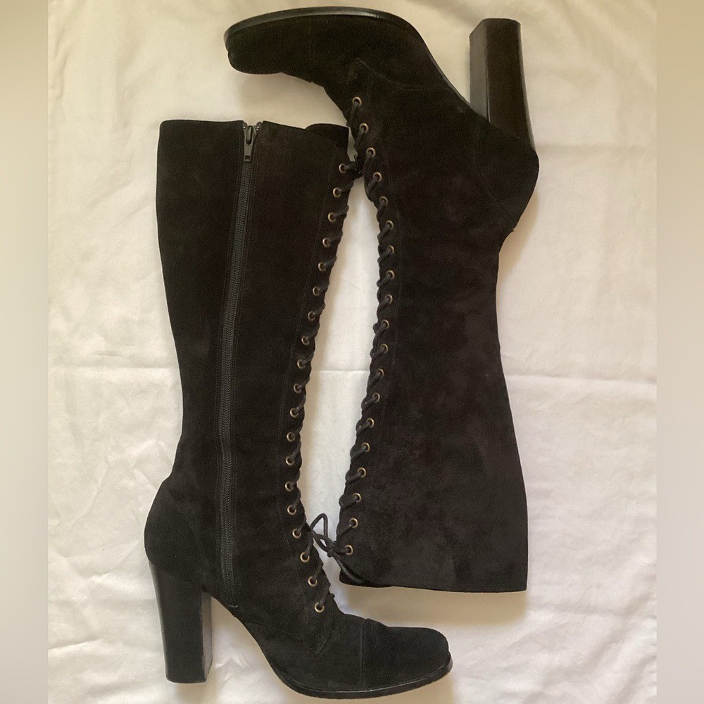 Jessica Bennett J Dinger Suede Lace-Up Boots 7 EUC black chunky heel
