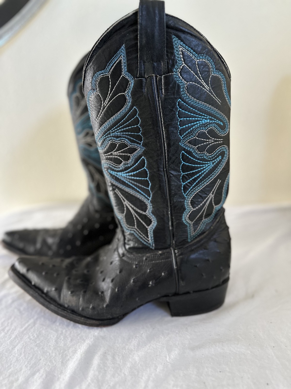 John Davis Cowboy Boots Black Ostrich Embossed Blue Butterfly Stitching W 9 M 7