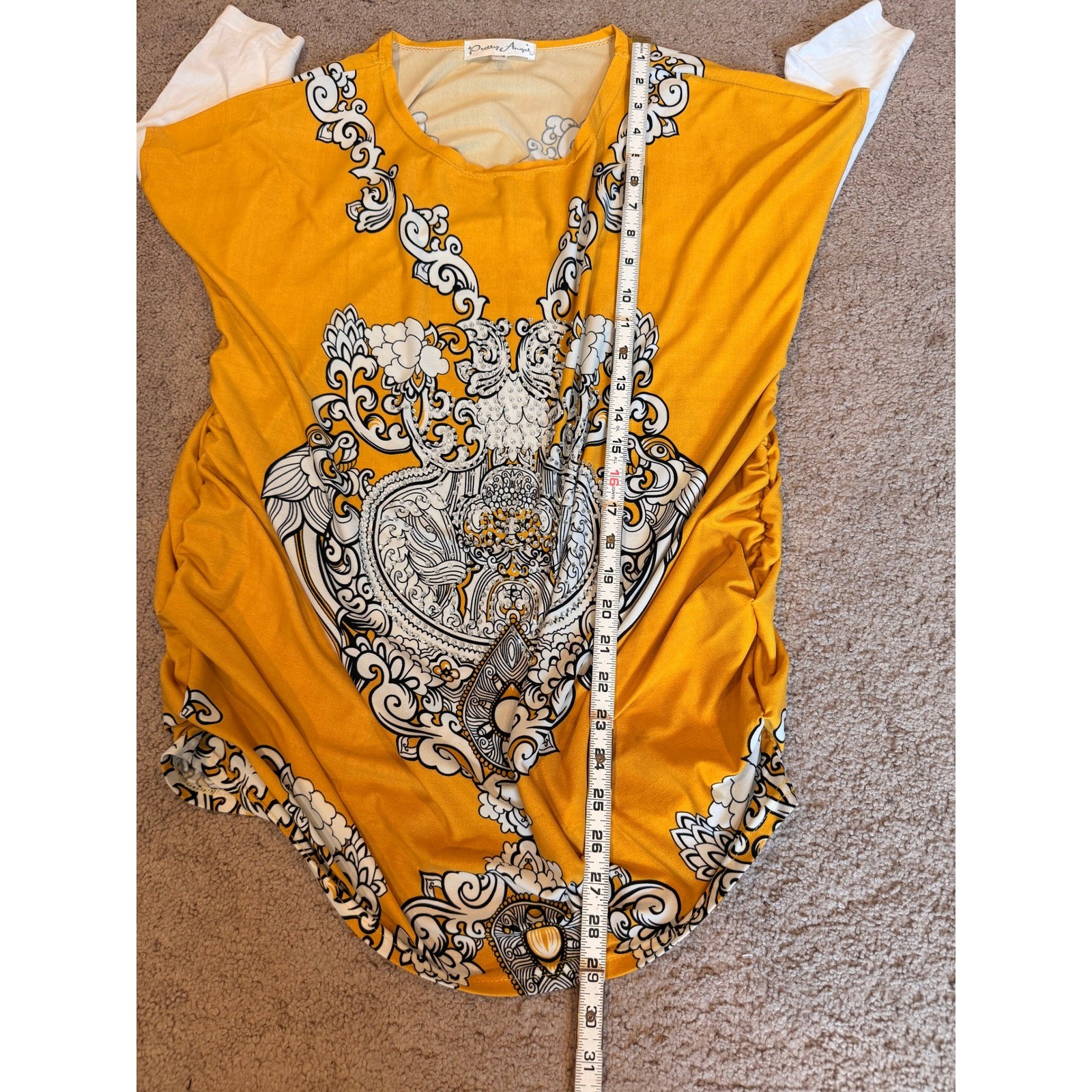 Pretty Angel Mustard Yellow Rhinestone Baroque Graphic Tunic Top Linen Blend OS