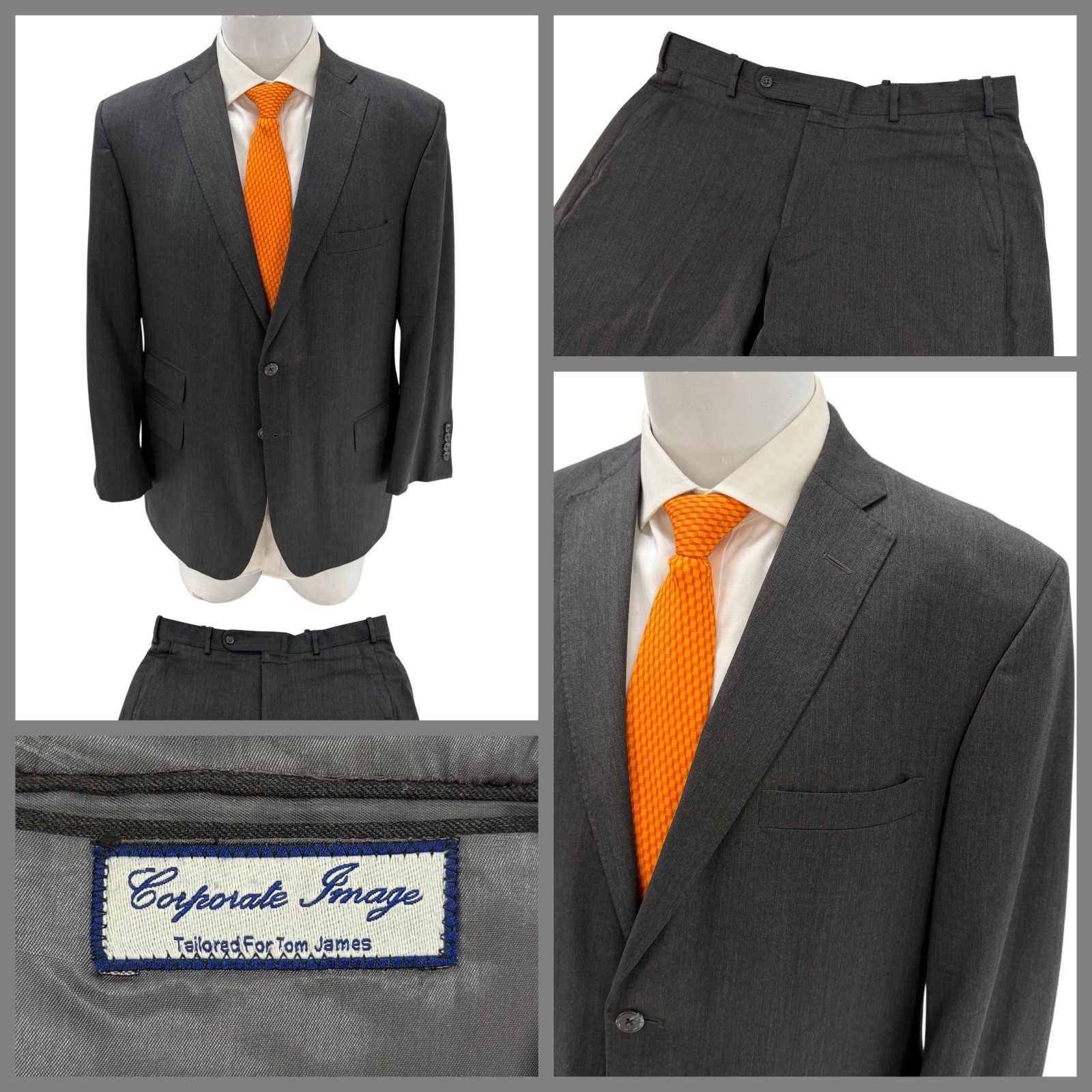 Corporate Image By Tom James Suit 42R Gray Wool 34×29 Flat Front USA YGI R6-2