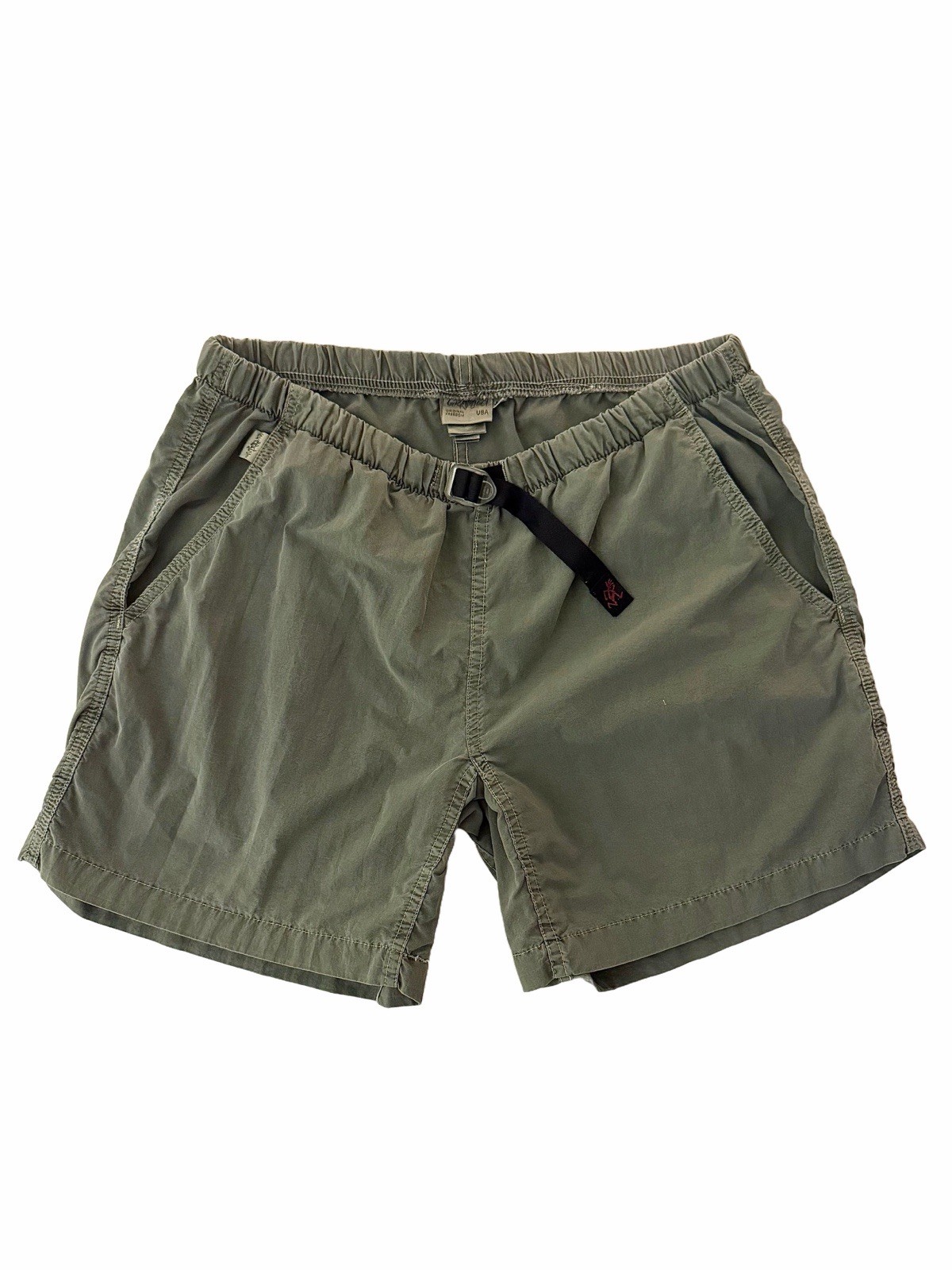Vintage 90s Gramicci Shorts Pigment Dye Olive Green Belted Nylon USA Made Size M