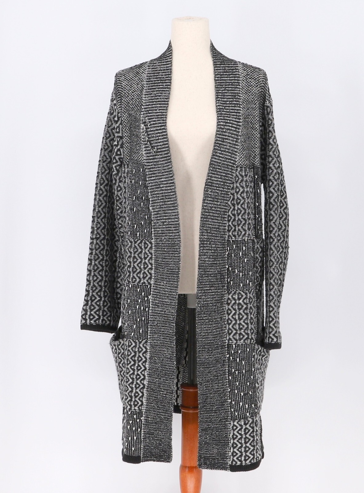 J. JILL Jacquard Knit Open Front Patchwork Long Cardigan Size M