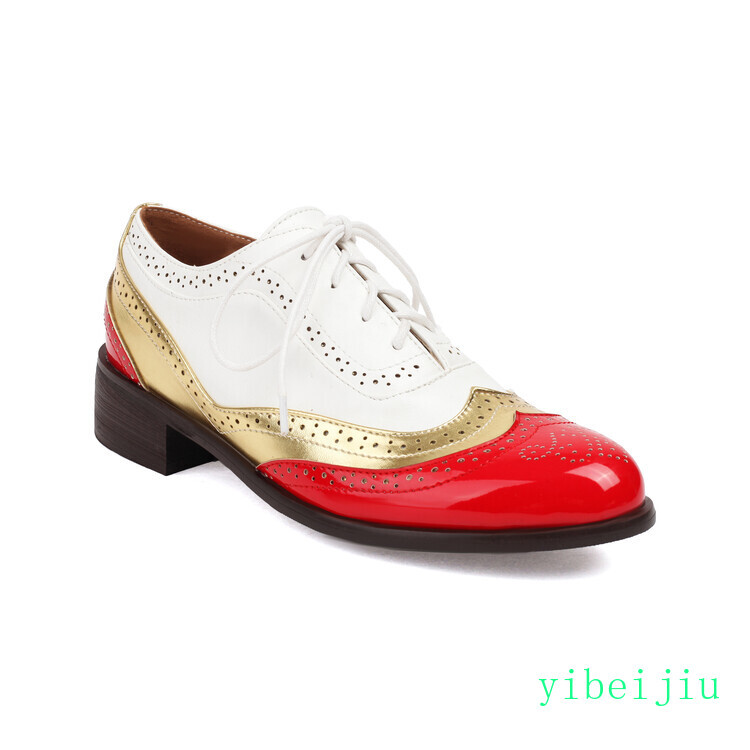 Women’s Wing Tip Brogue Oxford Leather Patchwork Shoes Colorblock Dress Two Tone