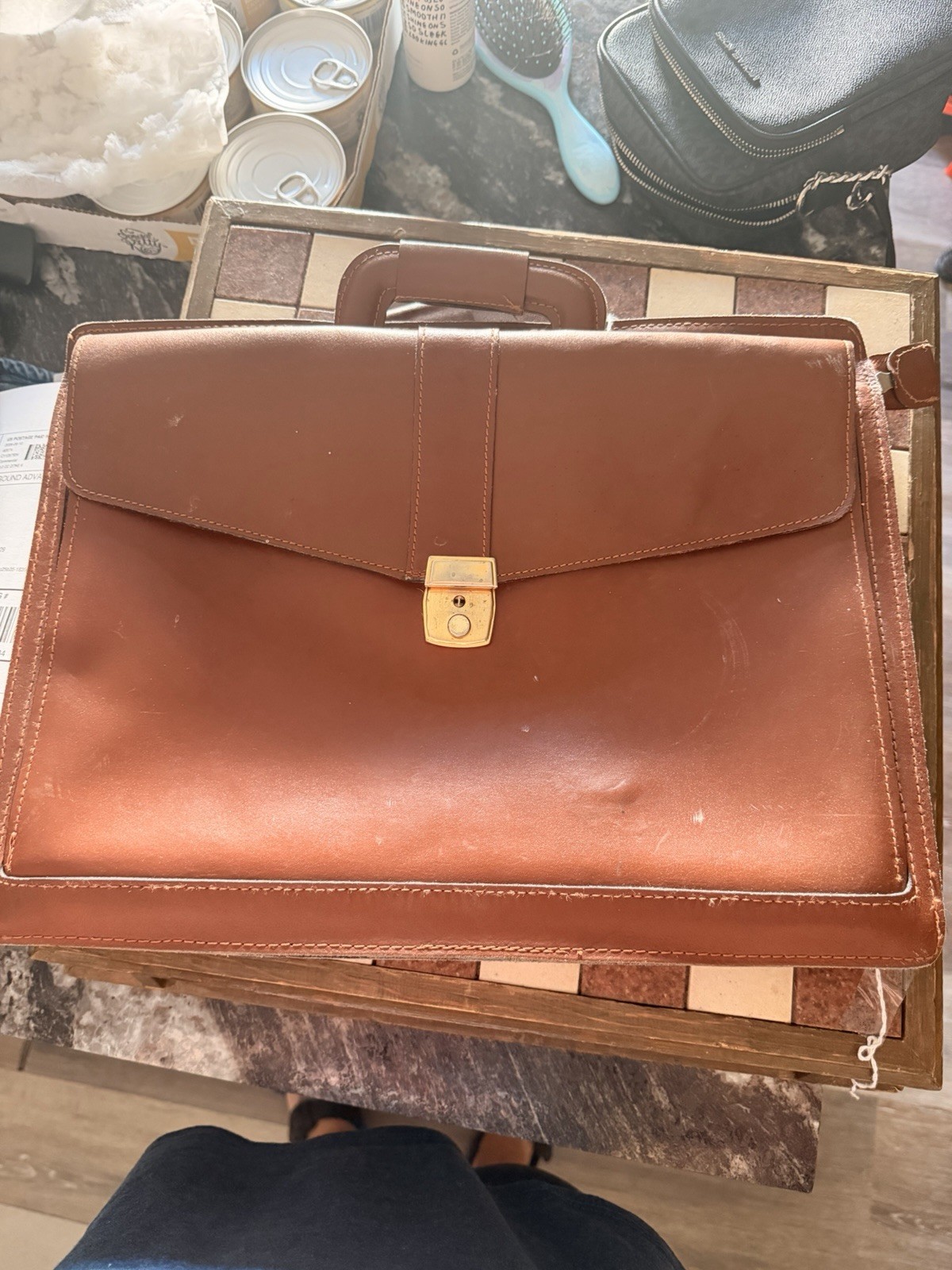Hit Men’s Brown Briefcase/Document Case Solid Top Handle Push Lock Closure