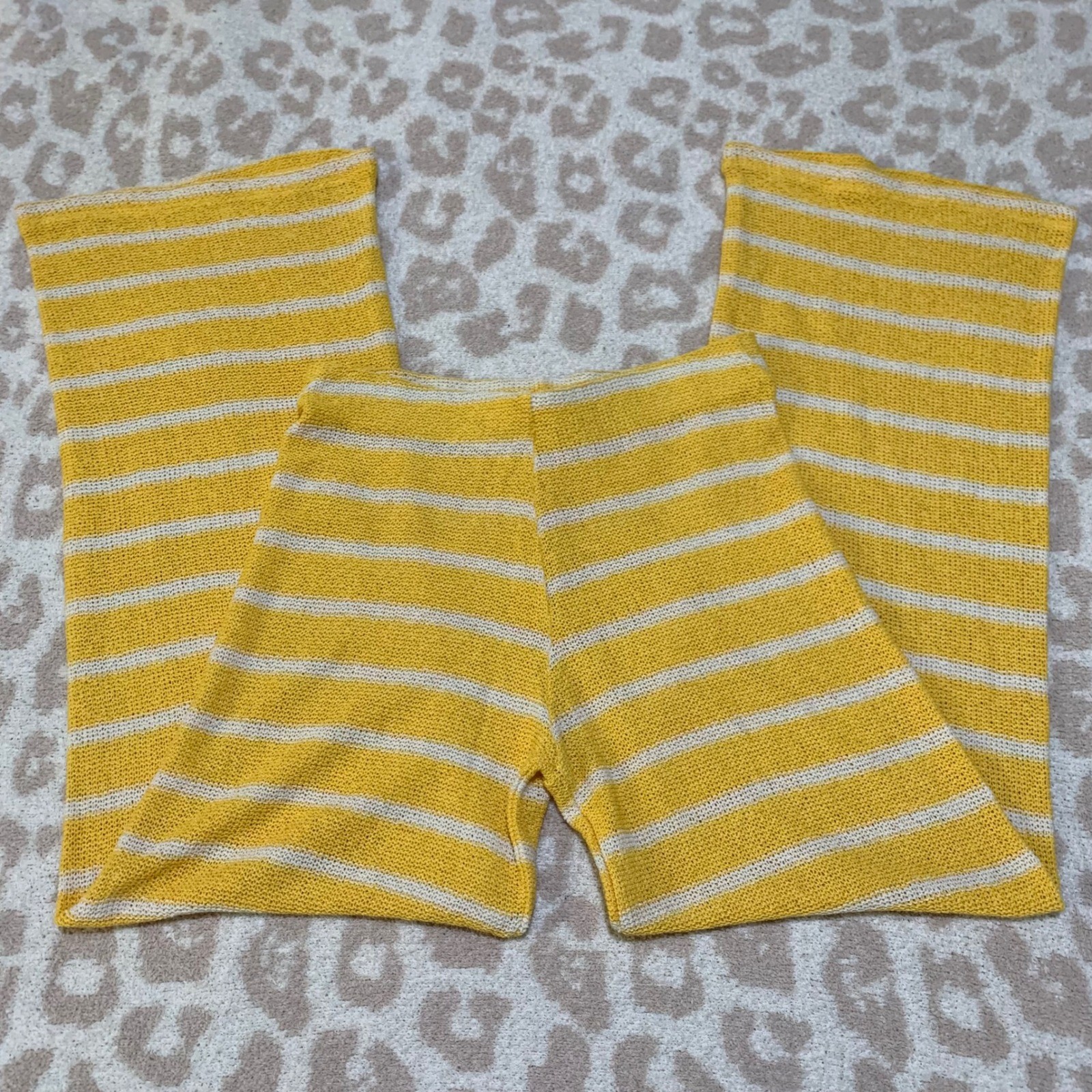 Zara Striped Knit Wide Leg Pants Yellow White High Rise Medium