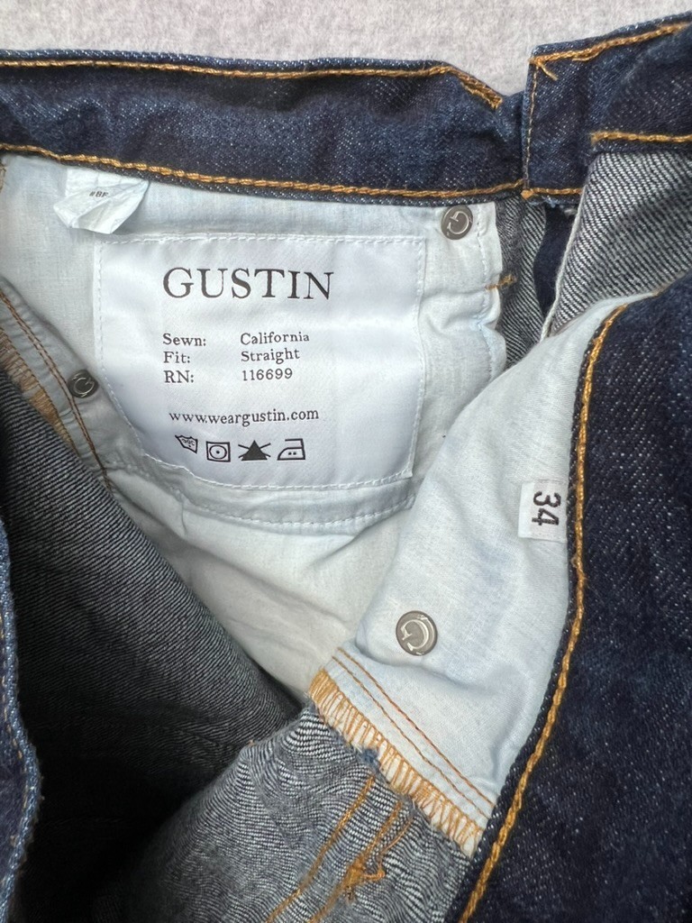 Gustin Raw Selvedge Denim Jeans 34 Straight California Button Fly USA Indigo EUC