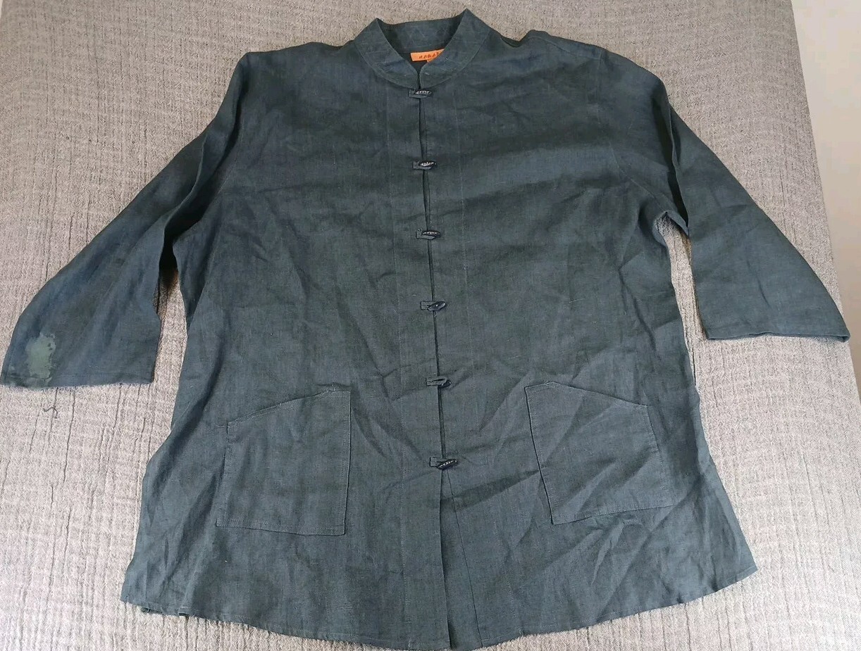 Harari Womens Size 2X Long Sleeve Navy Blue Toggle Button Shirt 100% Linen