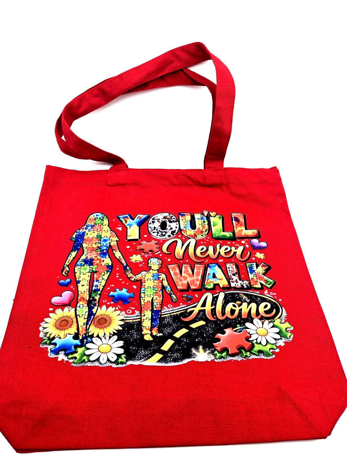 Autism Awareness Tote Bag Red 13.5×13.5in Carry Handle Graphic Canvas