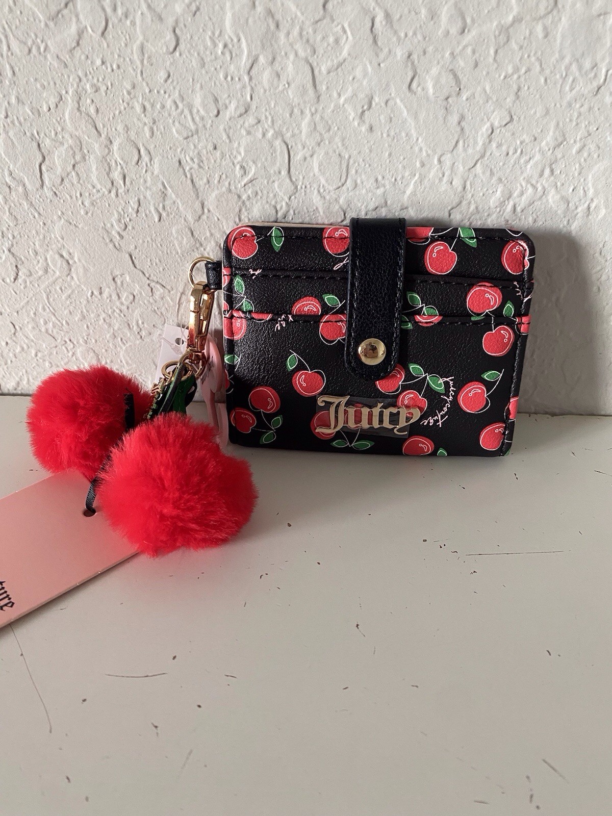 Juicy Couture Cherry Girl CC Wallet W/Back Window Black Red W/Charm Pom Pom NEW