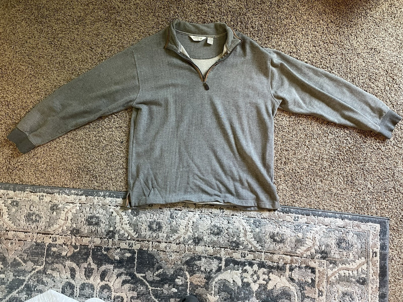 Orvis Men’s Gray Knit Pullover Sweater XL Long Sleeve Leather Elbow Patches