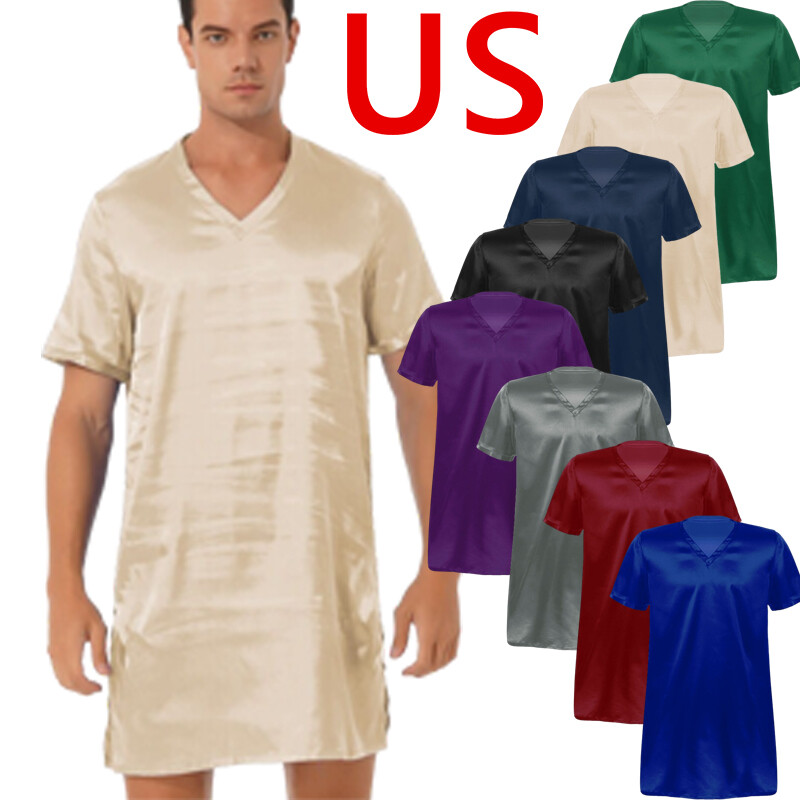 US Men’s V Neck Nightshirt Satin Frilly Nightwear Loose Pajamas Sleep T-Shirt