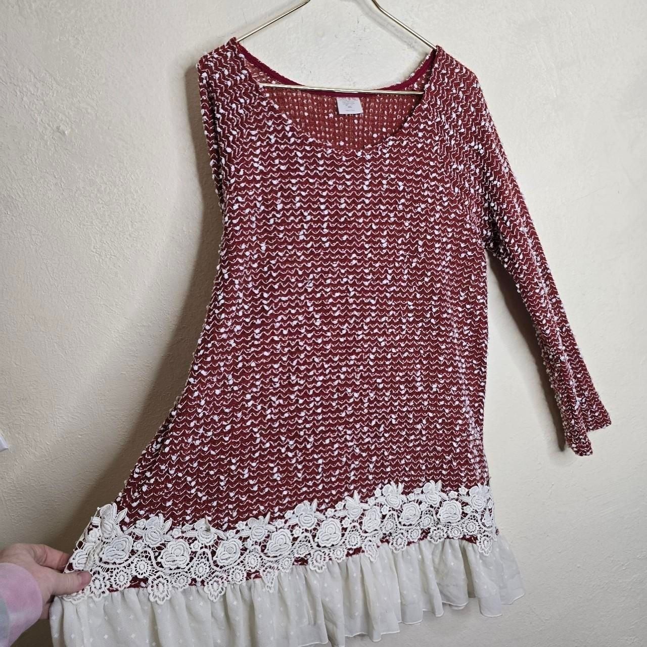 Burgundy Popcorn Knit Lace Ruffle Tunic Dress