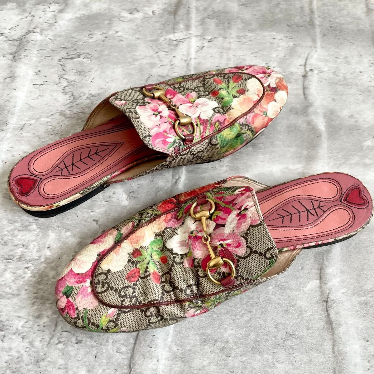 GUCCI GG Blooms Mules Sandals Pink Flower Horsebit Size EU 38 / US 8 Used
