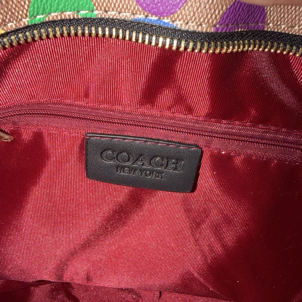 Coach Signature Multicolor Tote Bag Zip, Red Lined, Inner Pockets, Gold