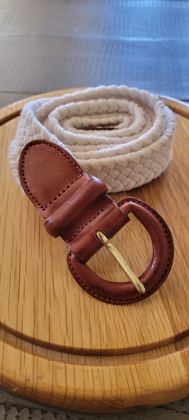 Talbots Braided/Woven Belt Size S White/Brown Adjustable Leather Buckle