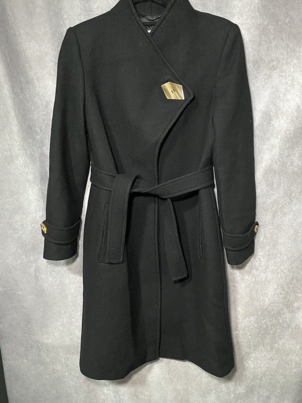 MNG Black Wool Blend Belted Long Trench Coat Women XS Capsule Wardrobe Luxury