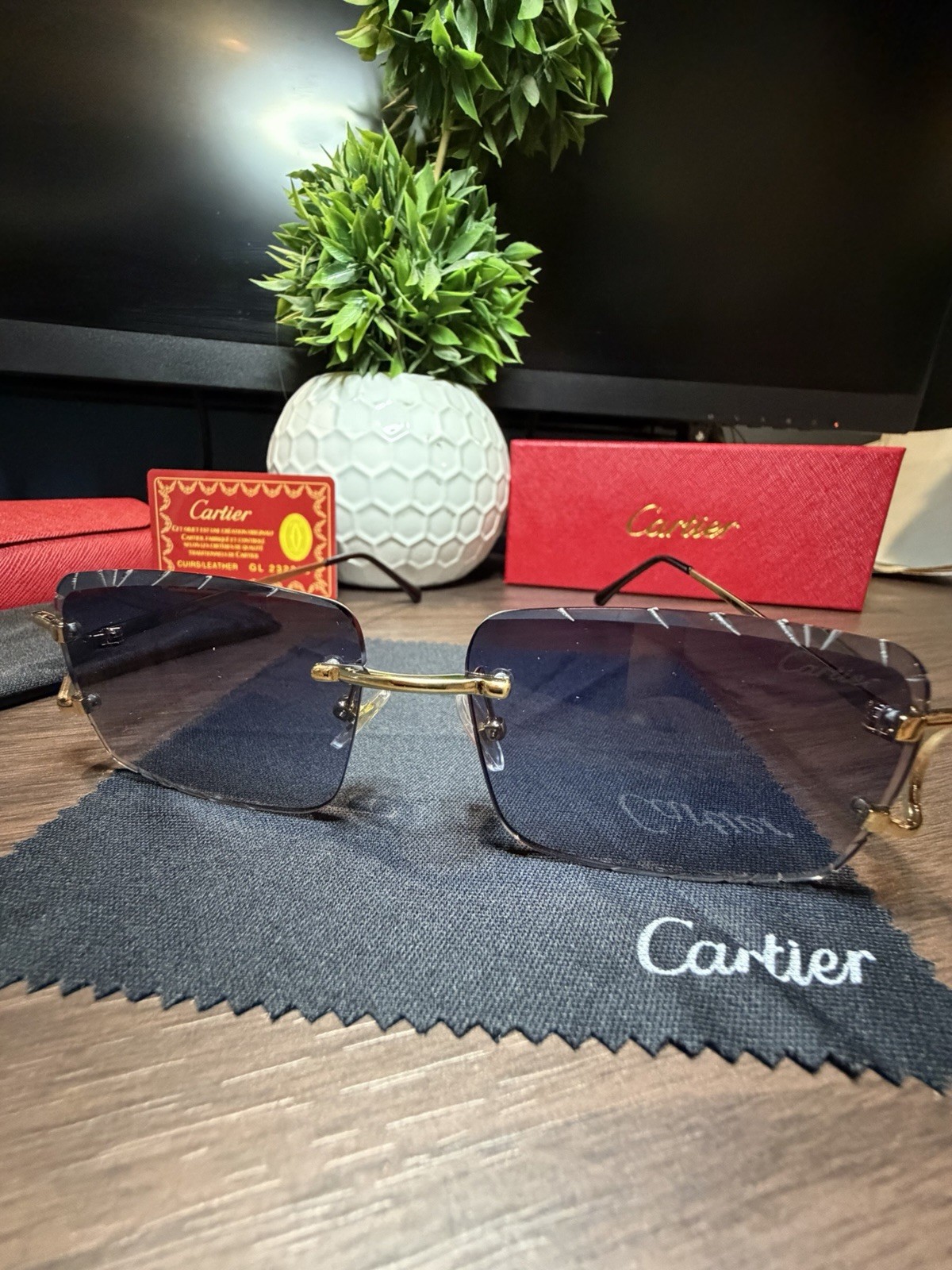 Cartier Big C Diamond Cut Frameless BLUE Lens Gold Frame