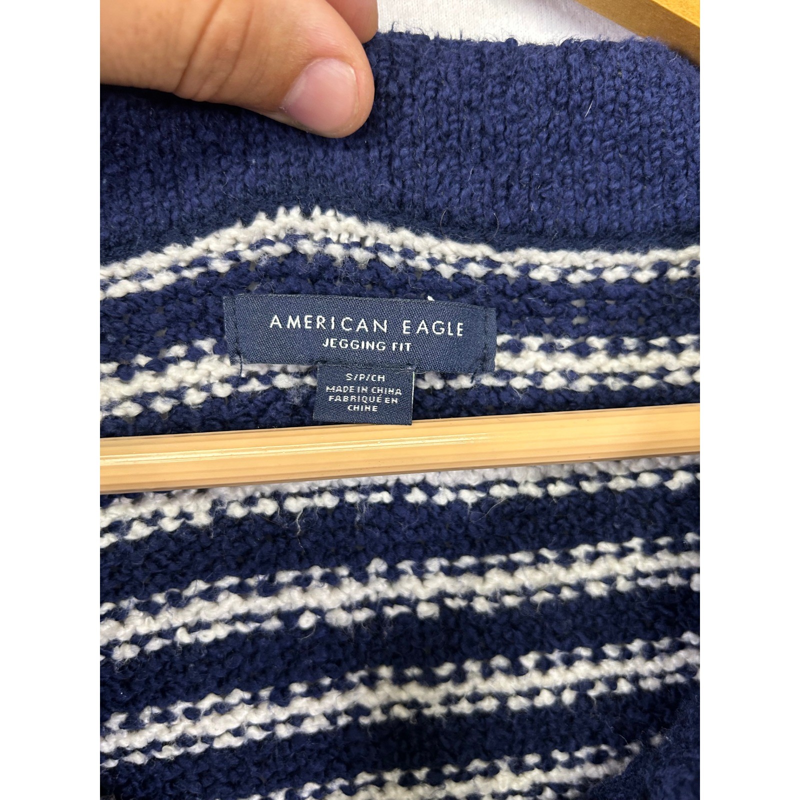 Coastal Nautical American Eagle Womens S Navy White Striped Henley Knit Sweater