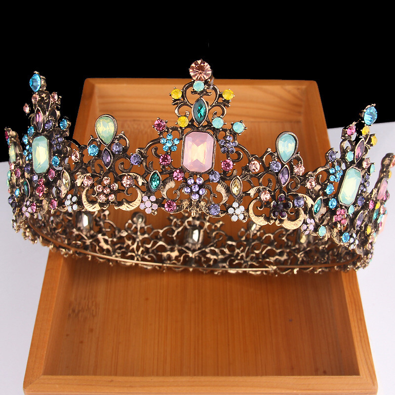 6cm Tall Multi-Color Crystal Gold Large Round Crown Wedding Prom Queen Princess