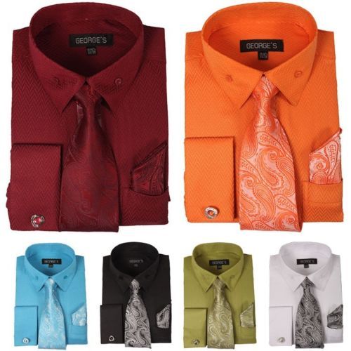 Men’s French Cuff Dress Shirt with Matching Tie, Handkerchief and Cufflinks