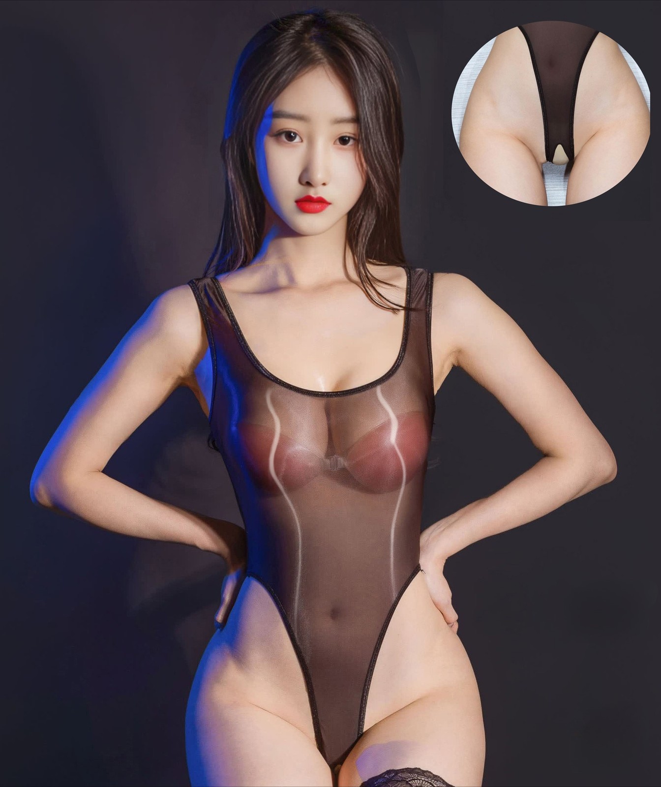 See-through Sheer Oil Shiny Glossy Leotard Bodysuit Bodyhose Thigh high Stocking