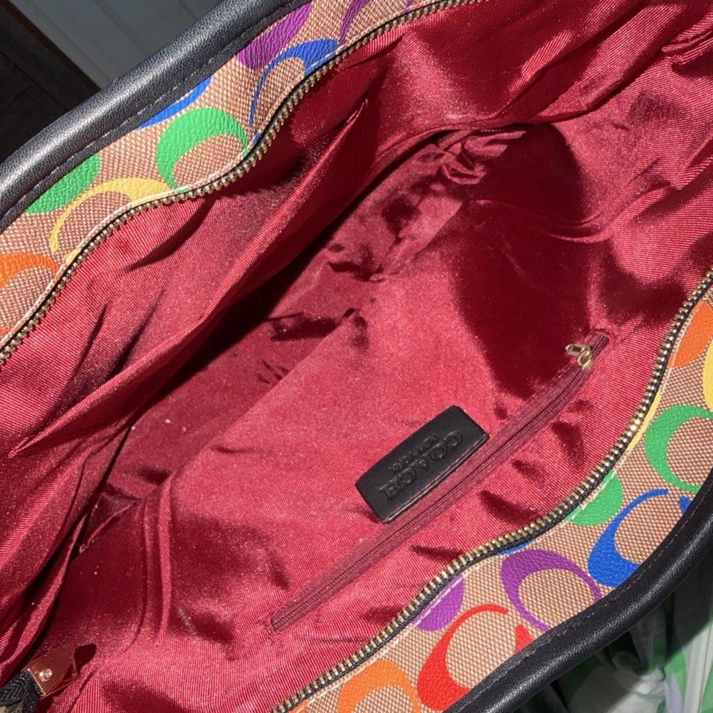 Coach Signature Multicolor Tote Bag Zip, Red Lined, Inner Pockets, Gold