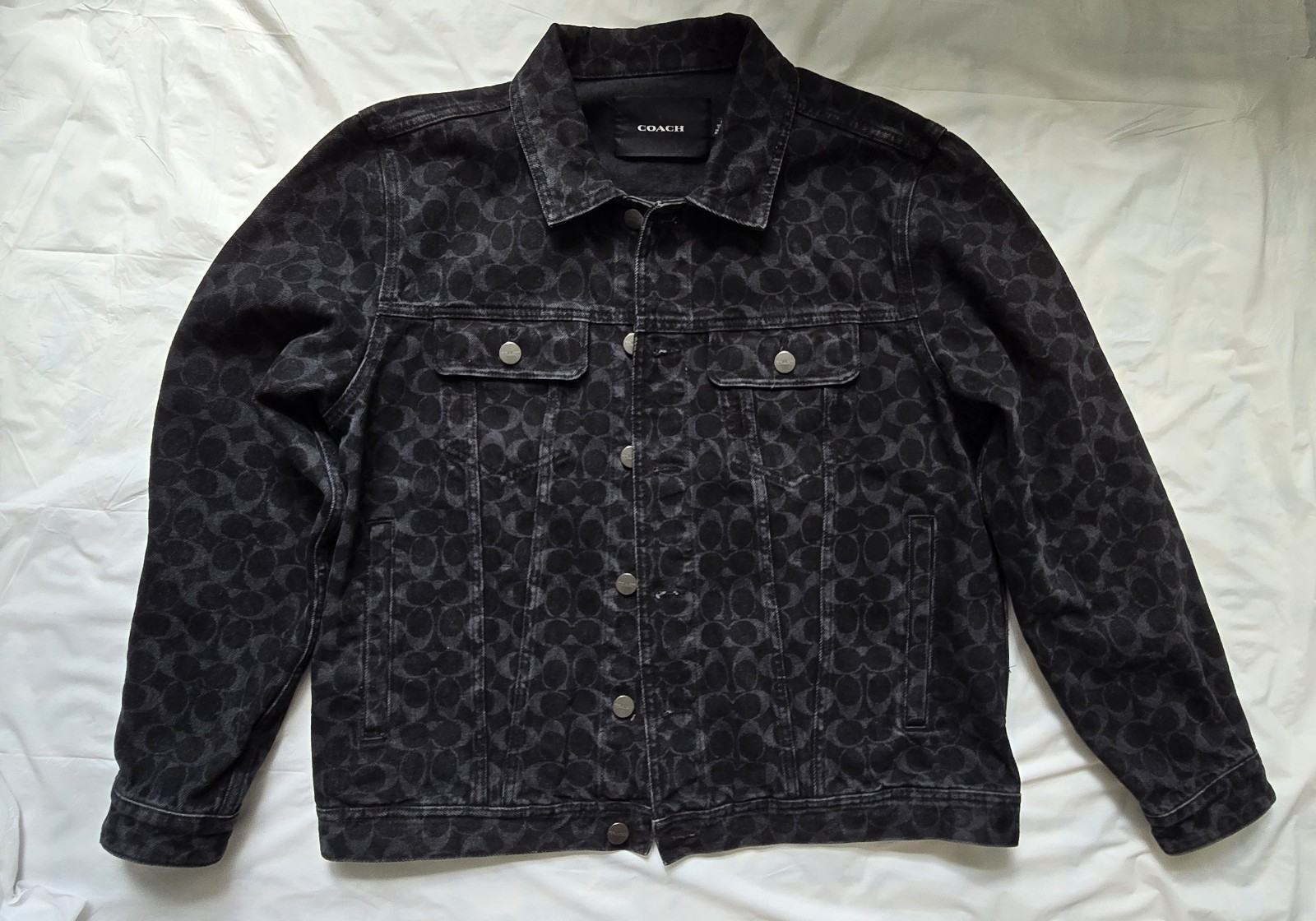 Coach Signature Denim Jacket Black Monogram All Over Logo Print Trucker, M