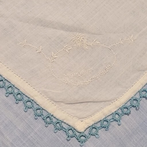 Vtg White On White Embroidered Hanky Blue Tatting Bridal “Something Blue” 11″