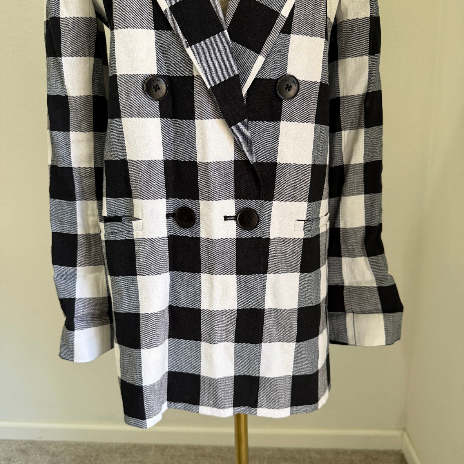 Kate Spade Gingham Linen Blend Double Breasted Blazer 2 Preppy Tailored Black
