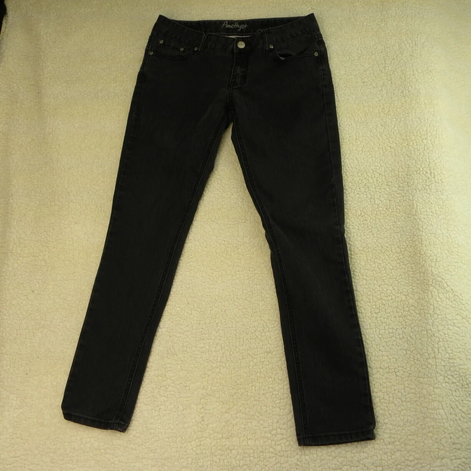 Amethyst Jeans Womens 11 Black Straight Leg Mid Rise Stretch Denim Meas 32×30