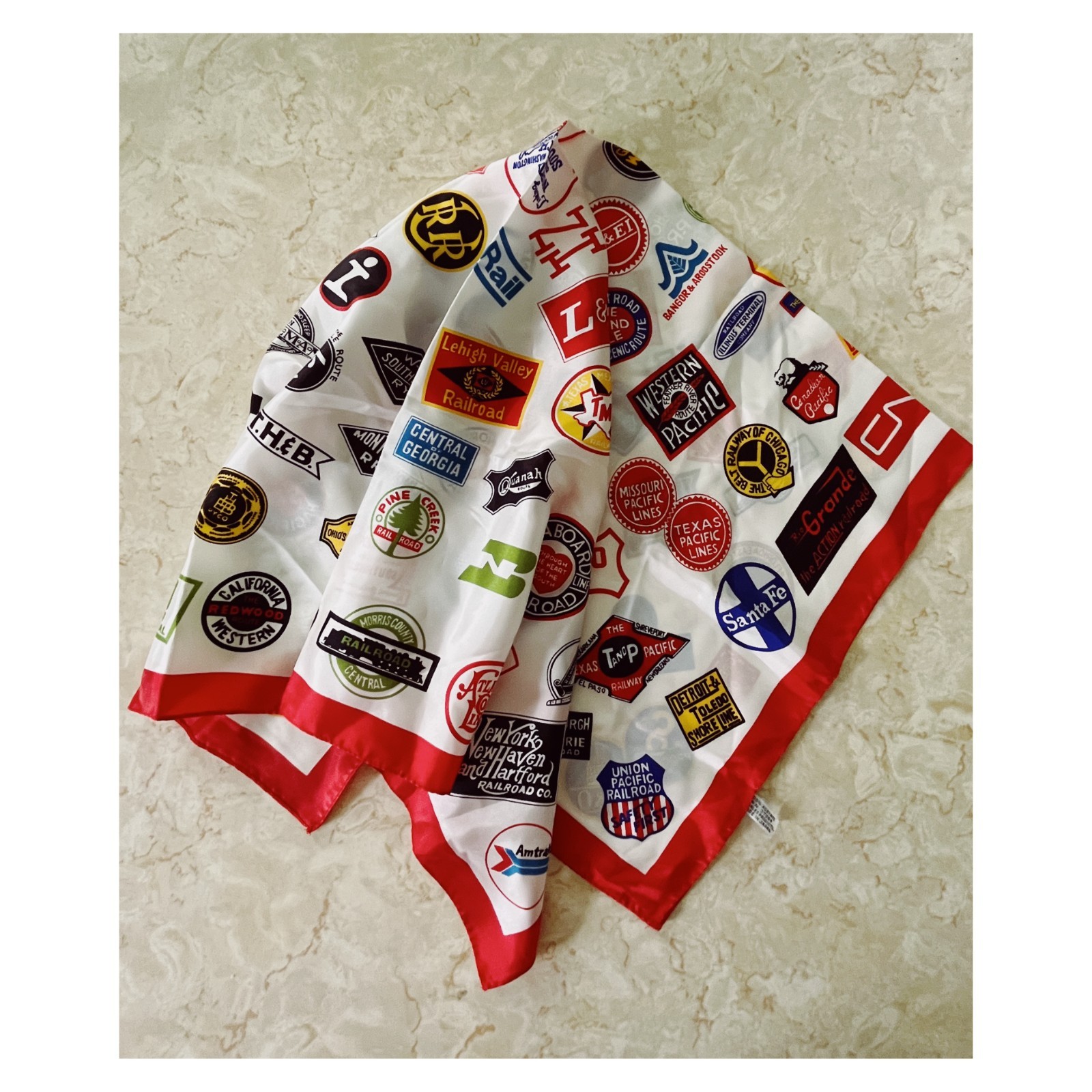 VTG 50s State Railway Train Logo Travel Scarf Made in Japan
