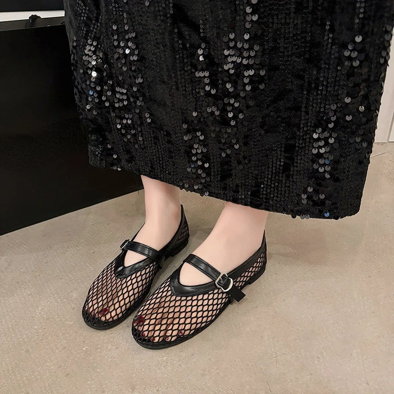 Womens Mesh Mary Jane Flats Beige Fishnet Ballet Shoes Buckle Strap Slip On New