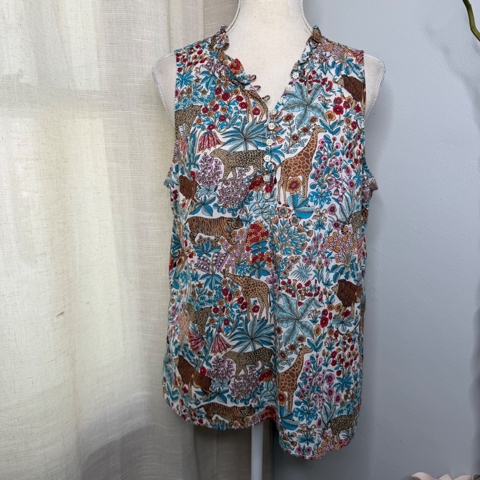 Talbots Blouse Safari Jungle Animal Bright Ruffle Sleeveless Cotton Women’s MP