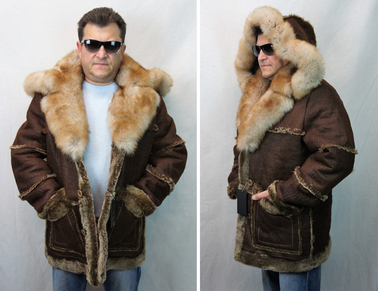WHISKEY REAL SHEEPSKIN SHEARLING LEATHER REAL FOX MARLBORO TRENCH Coat S-8XL